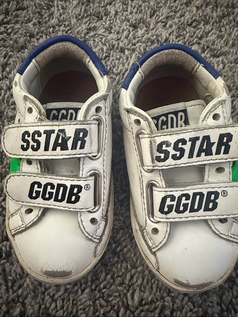 Golden Goose Kids White Sneakers with Blue Trim and Green Accent